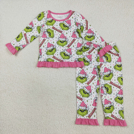 GLP2645 Green Frog Smiling Pink Print Girls Christmas Pajamas Clothes Set