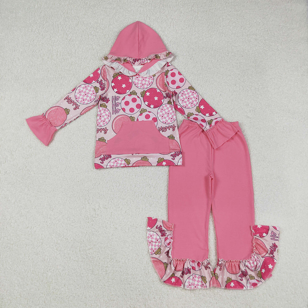 GLP2650 HOHOHO Lights Pink Hoodie Top Ruffle Pants Girls Christmas Clothes Set