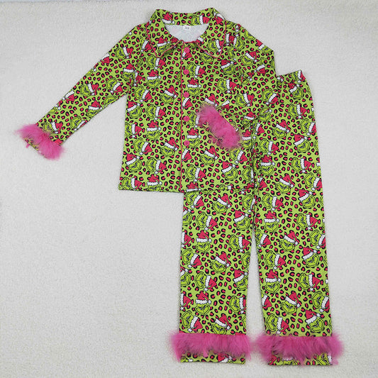 GLP2670 Adult Green Frog Smiling Leopard Print Woman Christmas Buttons Fur Pajamas Clothes Set