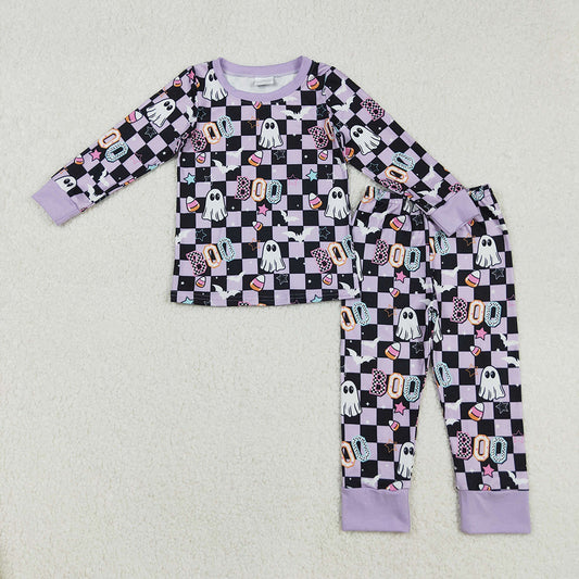 GLP2684 Ghost Bat BOO Checkered Print Girls Halloween Pajamas Clothes Set