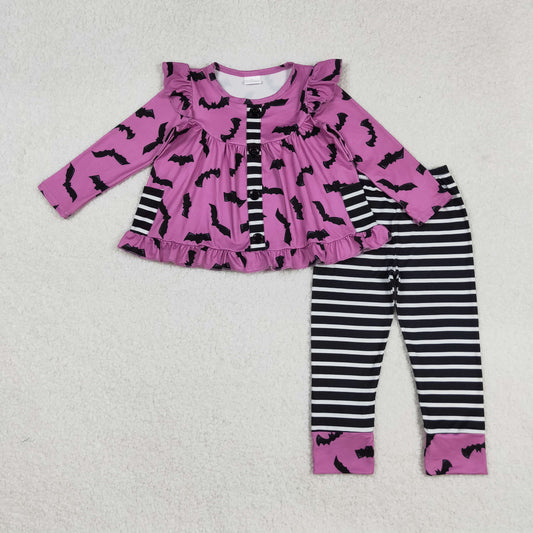 GLP2693 Bat Purple Pockets Tunic Top Stripes Pants Girls Halloween Clothes Set
