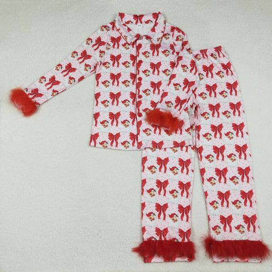 GLP2715 Adult Santa Bows Print Woman Christmas Buttons Fur Pajamas Clothes Set