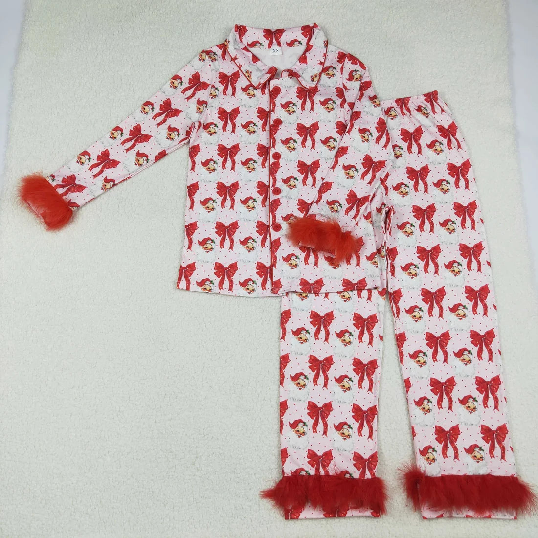 Sibling Family Mama and Girls Christmas Bows Santa Ruffle Fur Sleeve Pajamas Clothes Set Dress Rompers