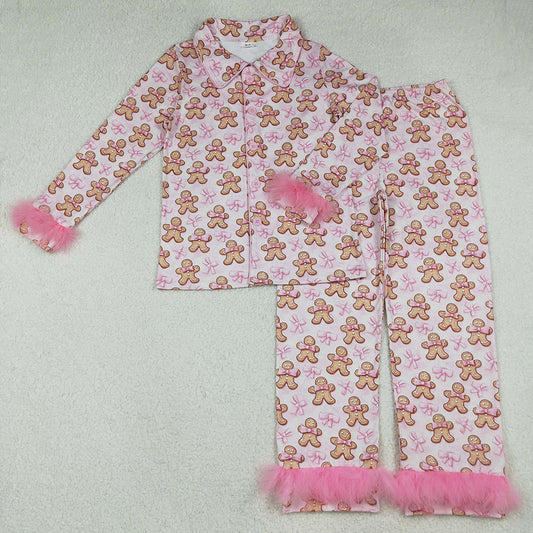 GLP2716 Adult Gingerbread Bows Pink Print Woman Christmas Buttons Fur Pajamas Clothes Set