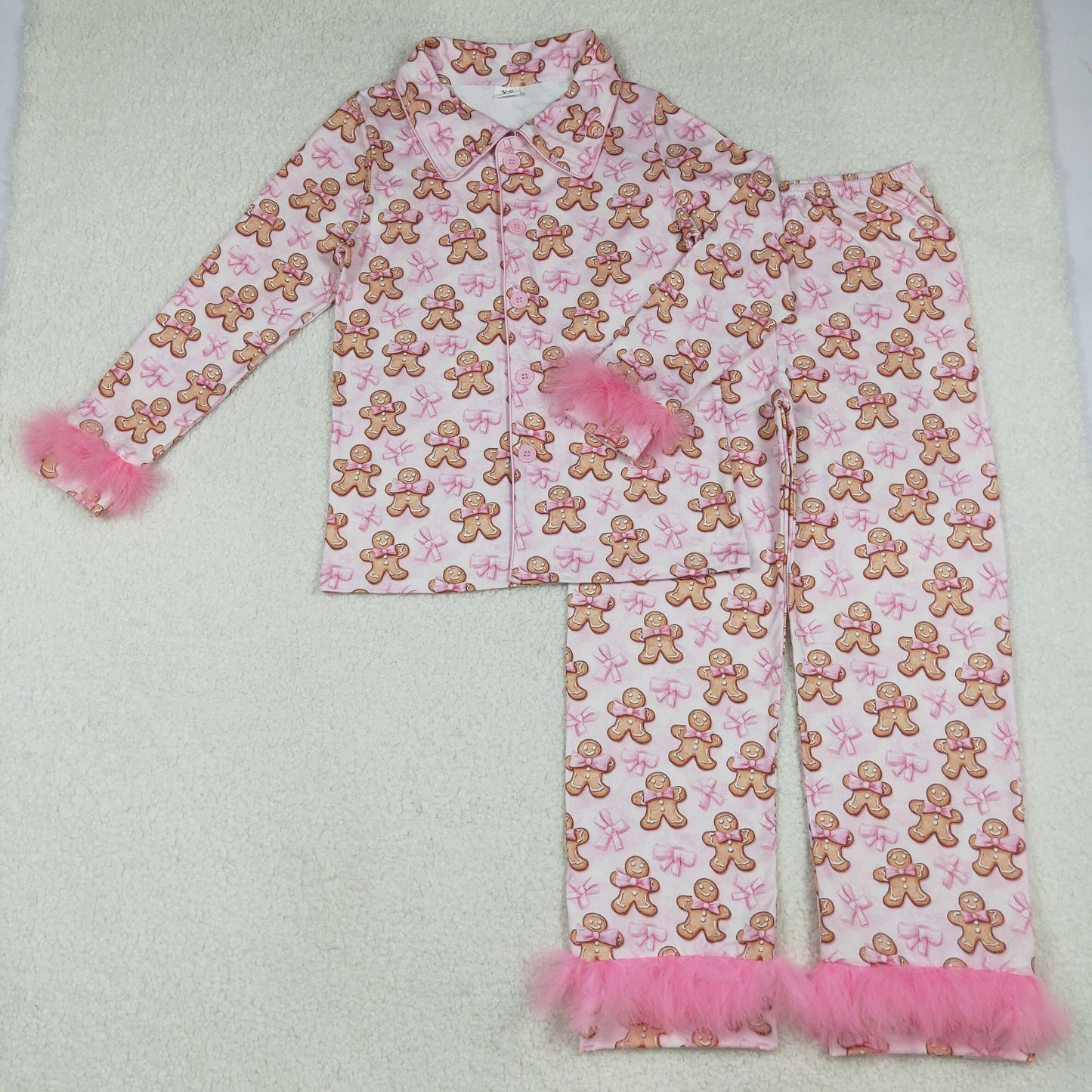 Mama and Me Pink Bows Gingerbread Button Top Pants Christmas Fur Pajamas Sets