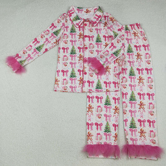 GLP2717 Adult Gingerbread Bows Tree Print Woman Christmas Buttons Fur Pajamas Clothes Set