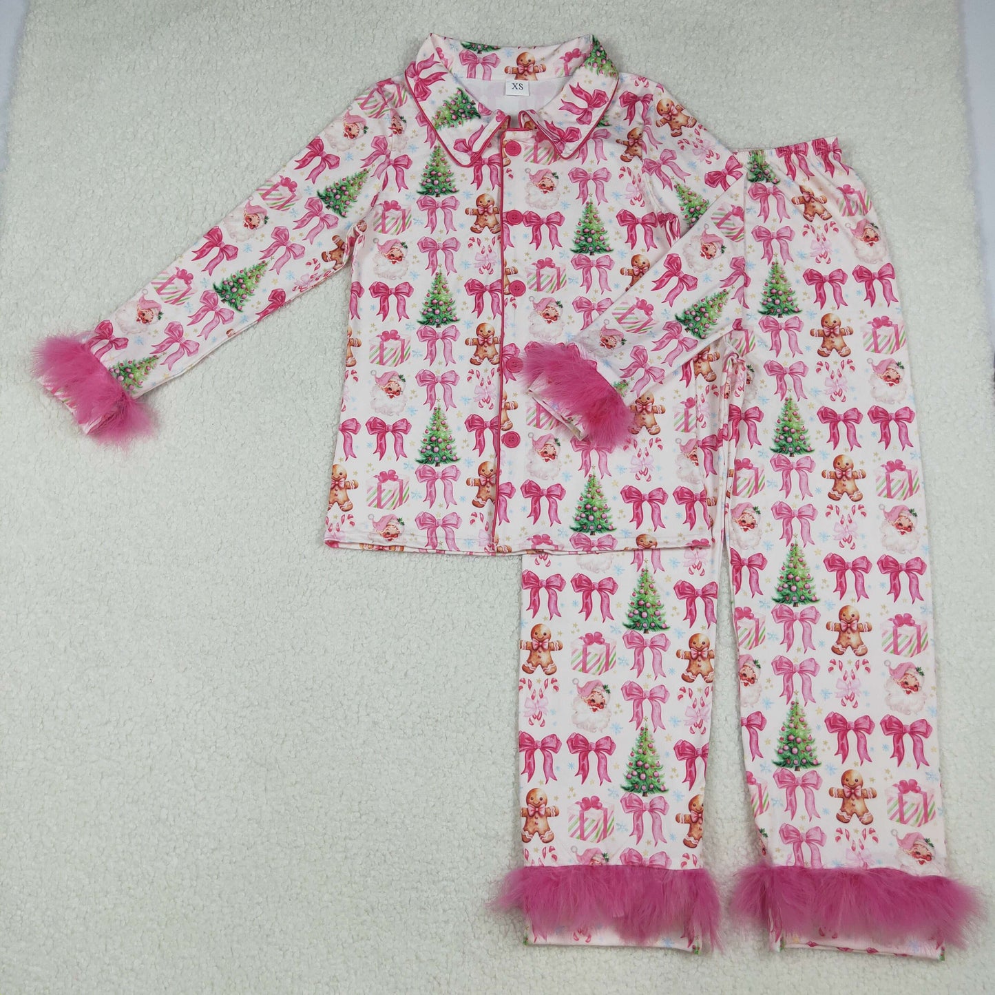 Mama and Me Pink Bows Santa Trees Button Top Pants Christmas Fur Pajamas Sets