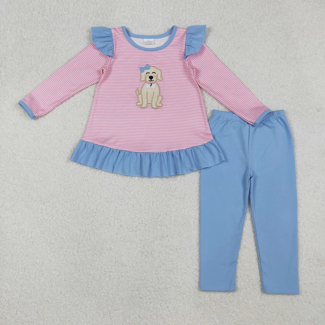 Sibling Baby Girls Embrodiery Bows Dog Striped Tunic Top Leggings Pants Valentines Outfit