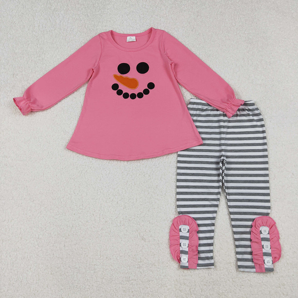 GLP2728 Snowman Smiling Embroidery Pink Top Stripes Pants Girls Christmas Clothes Set