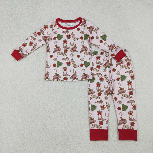 GLP2729 Boots Holly Print Girls Christmas Pajamas Clothes Set