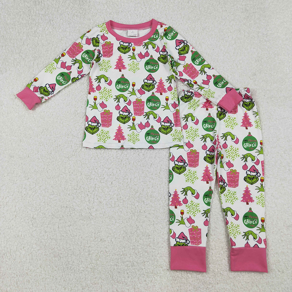 GLP2733 Green Frog Print Girls Christmas Pajamas Clothes Set