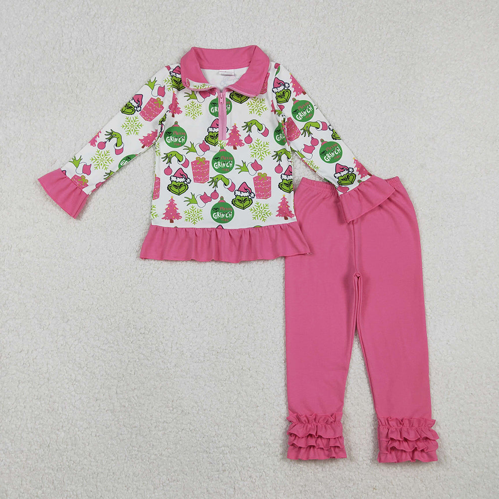GLP2734 Green Frog Zipper Pullover Top Pink Pants Girls Christmas Clothes Set