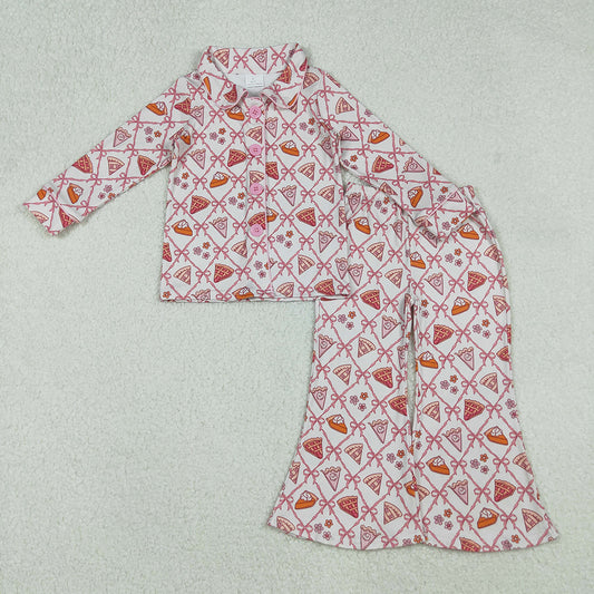GLP2738  Pie Bows Buttons Top Bell Pants Girls Thanksgiving Pajamas Clothes Set