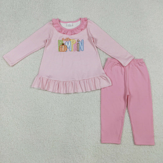 GLP2772 Hello Pumpkin Embroidery Stripes Tunic Top Pink Pants Girls Fall Clothes Set