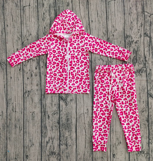 Baby Girls Pink Leopard Zipper Pocket Hoodie Top Jogger Clothes Set
