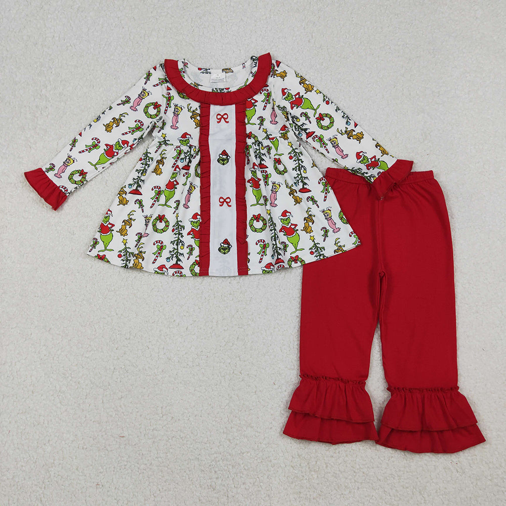 GLP2812 Green Frog Bows Embroidery Ruffle Tunic Top Red Pants Girls Christmas Clothes Set
