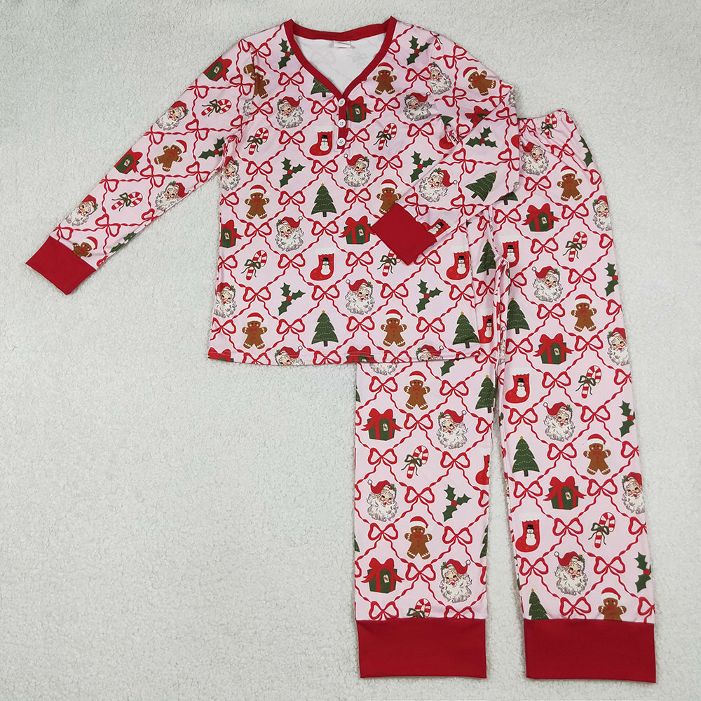 GLP2815 Adult Gingerbread Santa Holly Bows Print Woman Christmas Pajamas Clothes Set