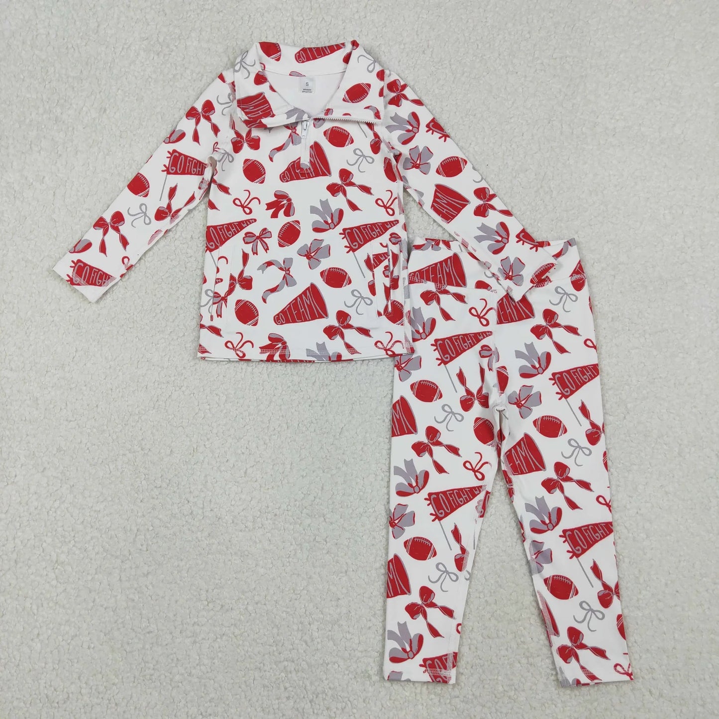Sibling Baby Girls Bows Footballs Go Team Zipper Pullover Leggings Yoga Active Clothes Sets