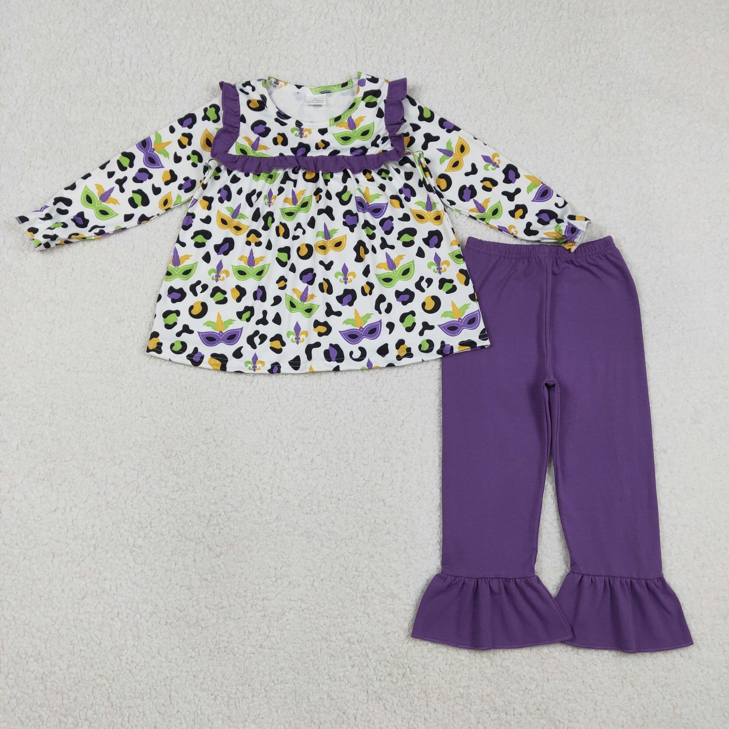 Sibling Baby Girls Mardigras Bows Leopard Masks Tunic Ruffle Pants Clothes Sets