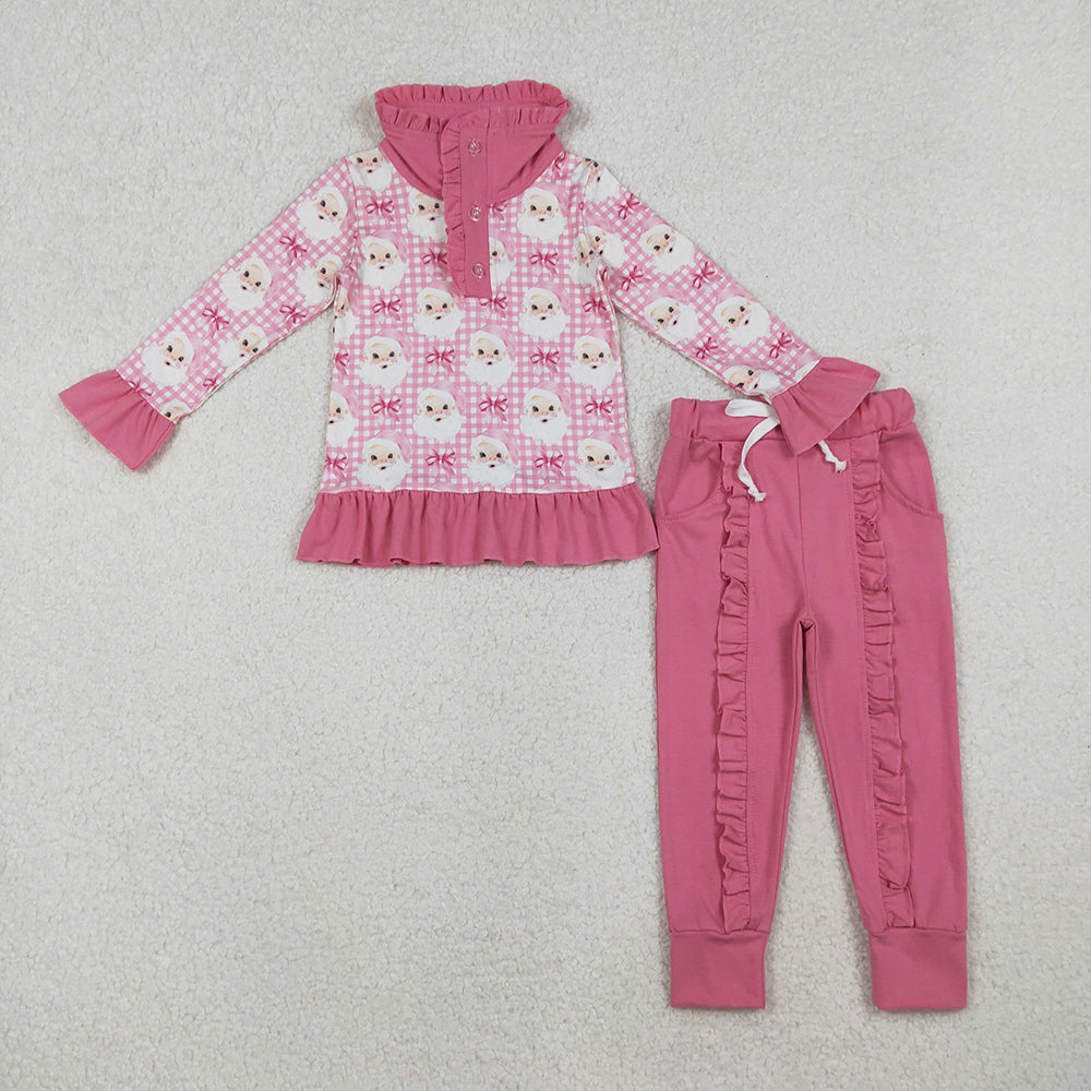 GLP2881 Santa Checkered Buttons Pullover Top Pink Ruffle Pants Girls Christmas Clothes Set