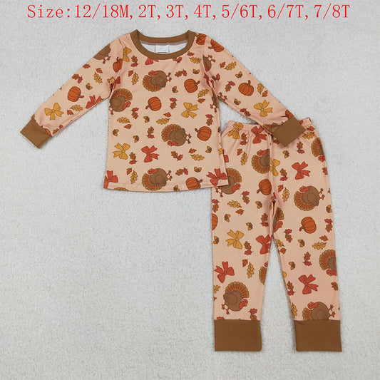GLP2883 Turkey Pumpkin Bows Print Girls Thanksgiving Clothes Set