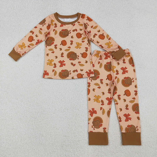 GLP2883 Turkey Pumpkin Bows Print Girls Thanksgiving Clothes Set