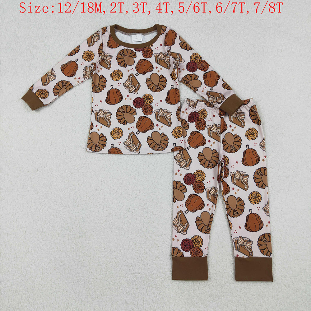 GLP2884 Turkey Pumpkin Pie Print Girls Thanksgiving Clothes Set