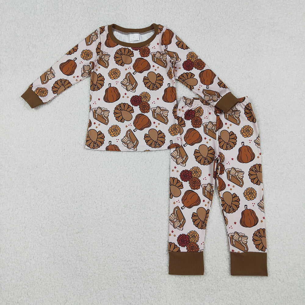 GLP2884 Turkey Pumpkin Pie Print Girls Thanksgiving Clothes Set