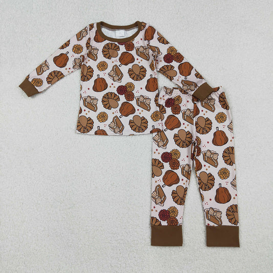 GLP2884 Turkey Pumpkin Pie Print Girls Thanksgiving Clothes Set