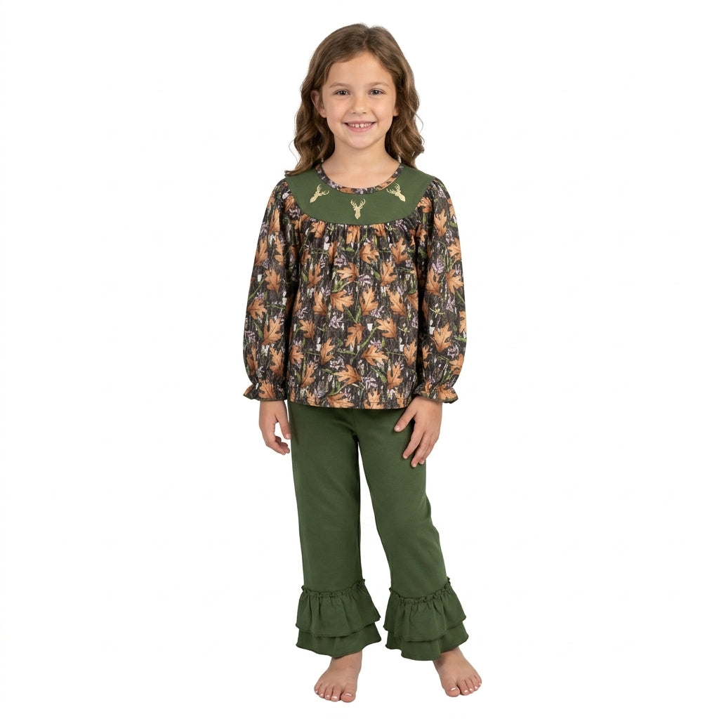 Sibling Baby Girls Boys Embroidery Deer Camo Outfit and Romper