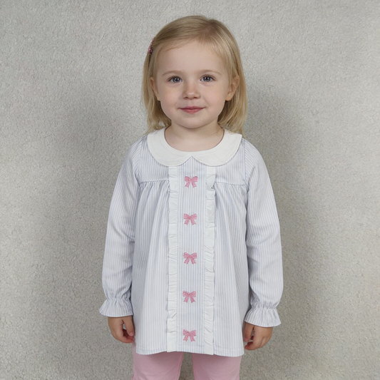 Baby Girls Blue Striped Pink Bow Embroidery Long Sleeve Tunic Top with Leggings Outfit