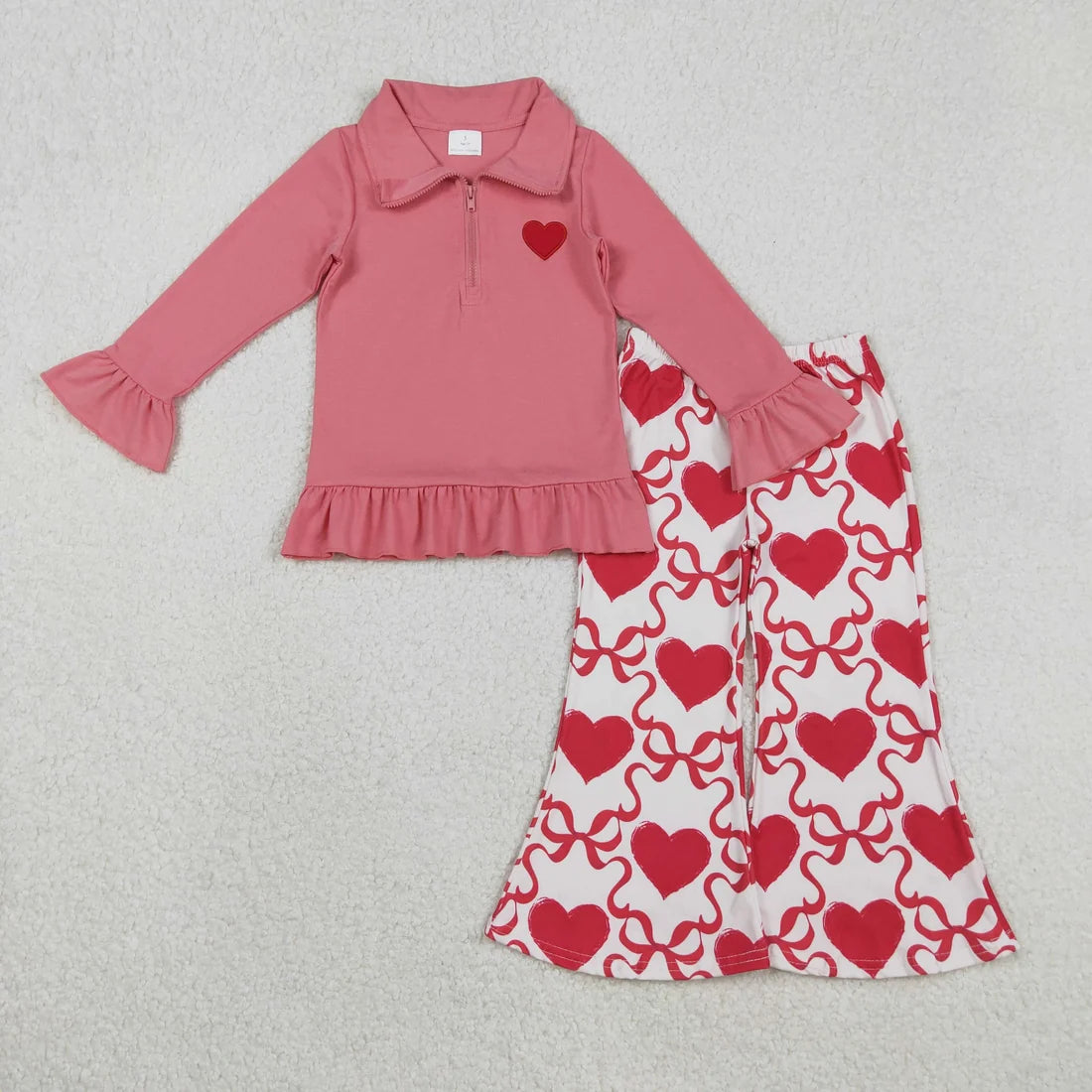 Sibling Baby Girls Embroidery Heart Bow Zip PUllover Flate Pants Valentines Outfit