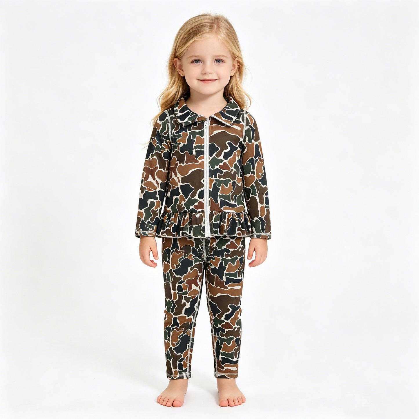 Girls Camo Ruffle Zip Up Long Sleeve Top & Leggings Set, Kids 2 Piece Camouflage Activewear Outfit,