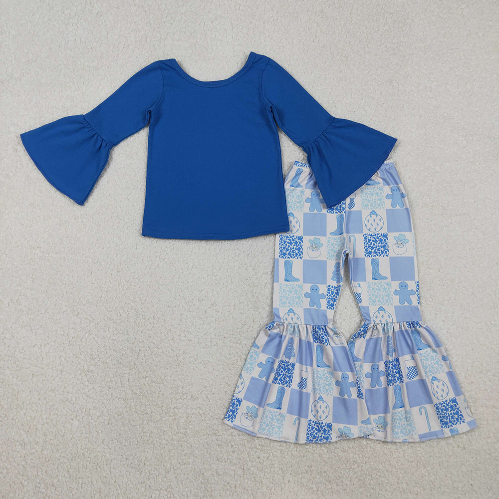 GLP3037 Blue Top Gingerbread Santa Boots Bell Pants Girls Christmas Clothes Set