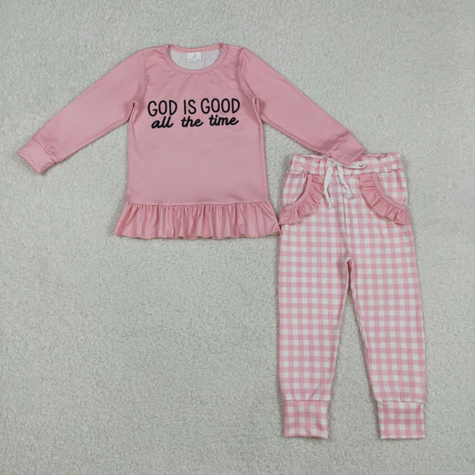 Sibling Baby Girls God is Good Top Pockets Checked Legging Pants Outfit