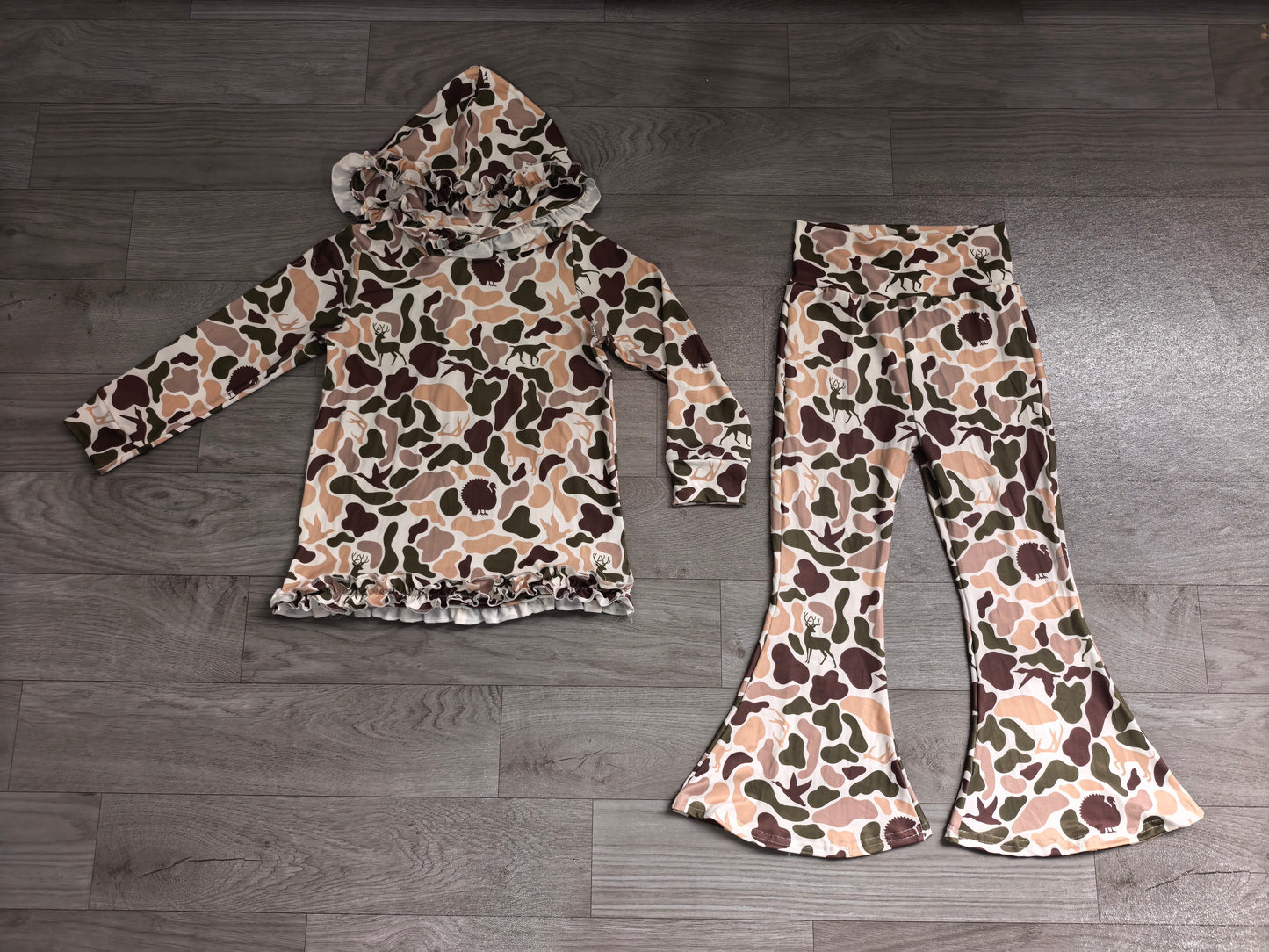 GLP3079 Preorder Khaki Brown Camo Ruffle Hoodie Top Bell Pants Girls Clothes Set