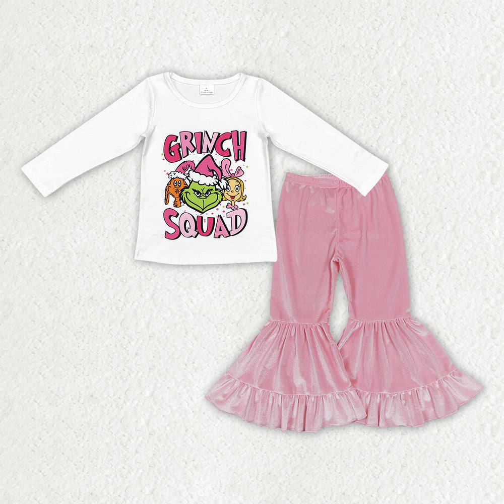 GLP3184 Green Frog Smiling White Top Pink Velvet Bell Pants Girls Christmas Clothes Set