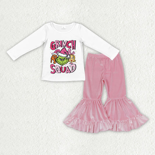 GLP3184 Green Frog Smiling White Top Pink Velvet Bell Pants Girls Christmas Clothes Set