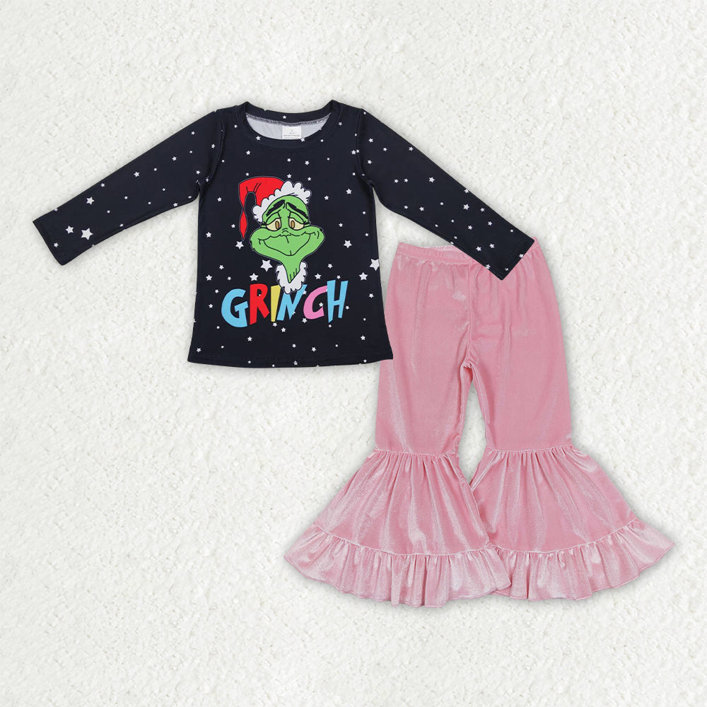 GLP3185 Green Frog Smiling Black Top Pink Velvet Bell Pants Girls Christmas Clothes Set