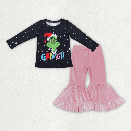 GLP3185 Green Frog Smiling Black Top Pink Velvet Bell Pants Girls Christmas Clothes Set