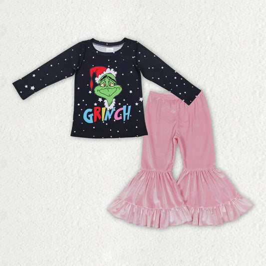 Sibling Baby Girls Christmas Green Face Top with Pink Velvet Bell Bottom Pants Outfit