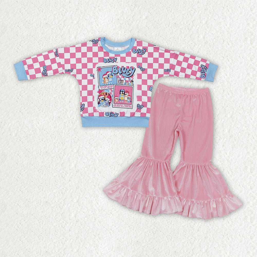 GLP3186 Cartoon Dog Checkered Top Pink Velvet Bell Pants Girls Christmas Clothes Set