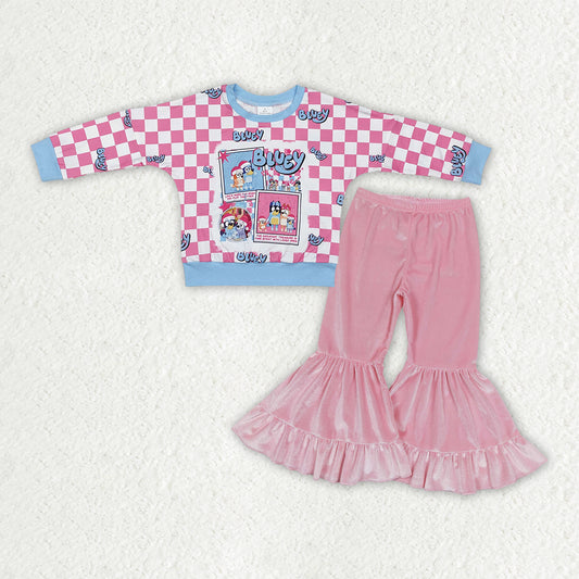 GLP3186 Cartoon Dog Checkered Top Pink Velvet Bell Pants Girls Christmas Clothes Set