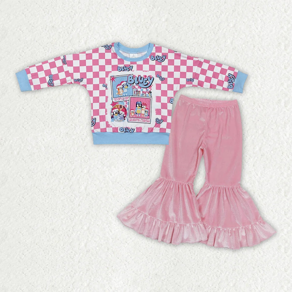 Sibling Baby Girls Christmas Green Face Top with Pink Velvet Bell Bottom Pants Outfit