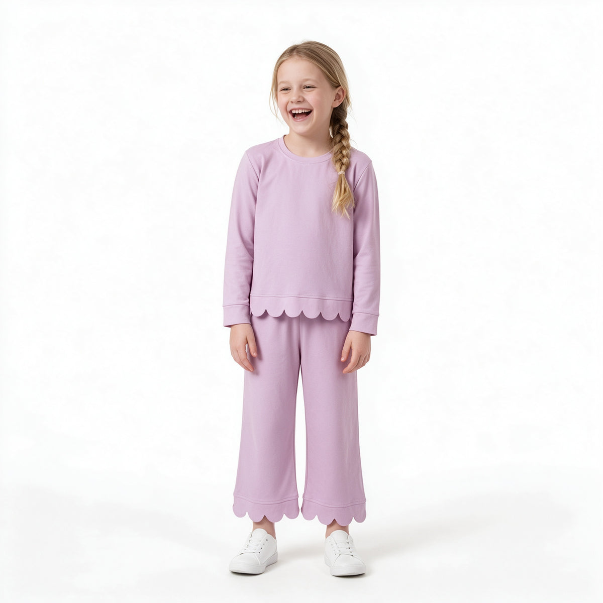 GLP3289 Purple Cotton Scallop Edge Long Sleeve Pants Girls Fall Clothes Set