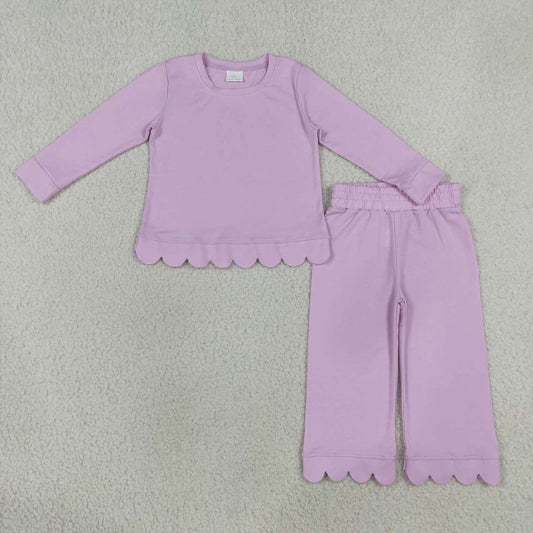 GLP3289 Purple Cotton Scallop Edge Long Sleeve Pants Girls Fall Clothes Set