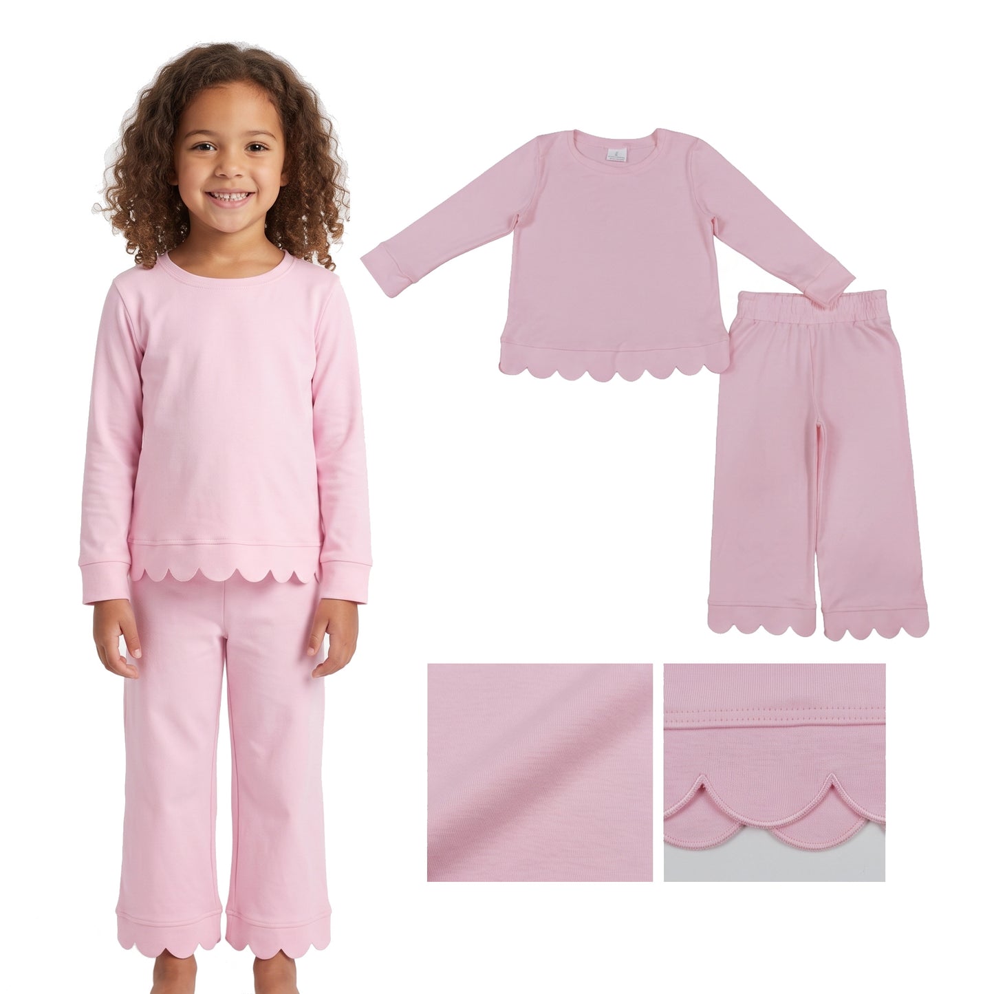 GLP3291 Pink Cotton Scallop Edge Long Sleeve Pants Girls Fall Clothes Set