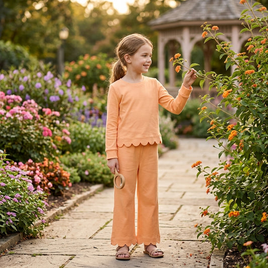 GLP3295 Orange Cotton Scallop Edge Long Sleeve Pants Girls Fall Clothes Set