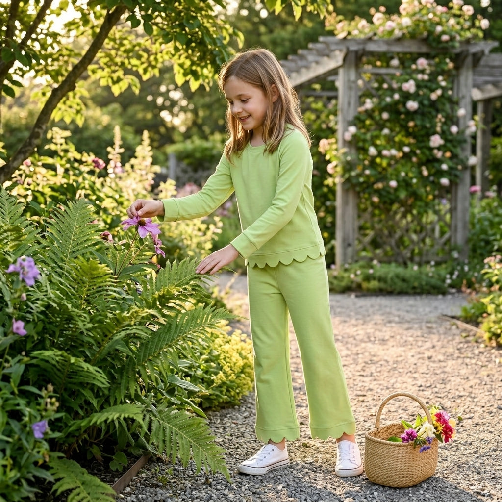 GLP3296 Green Cotton Scallop Edge Long Sleeve Pants Girls Fall Clothes Set