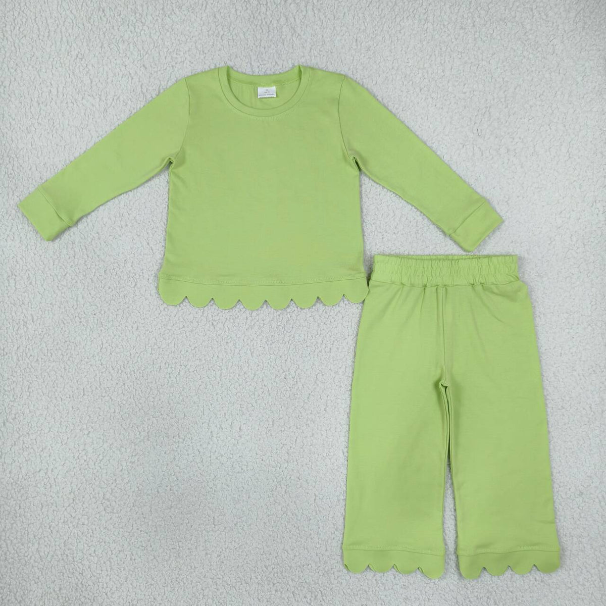GLP3296 Green Cotton Scallop Edge Long Sleeve Pants Girls Fall Clothes Set